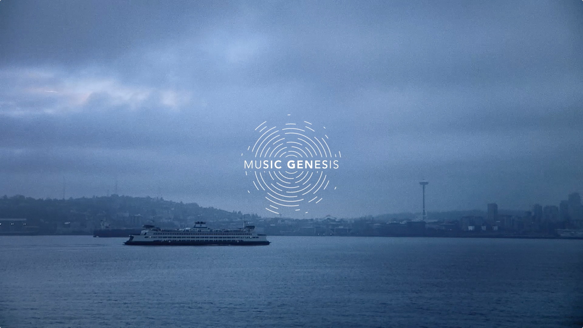 A ferry sailing on calm water under a cloudy sky, with a city skyline in the background featuring the Space Needle. A circular "Music Genesis" logo is displayed prominently in the center.