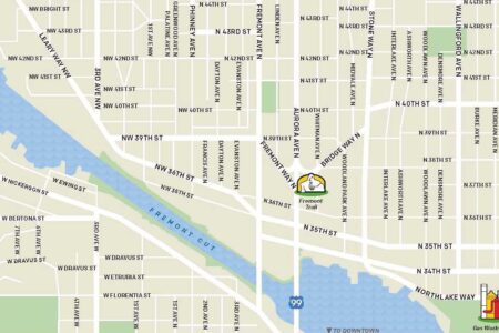 Map of Fremont, Seattle, showing streets with the Fremont Troll icon. The map highlights locations such as Gas Works Park and the nearby river. Major streets include Fremont Ave N, N 36th St, and Northlake Way.