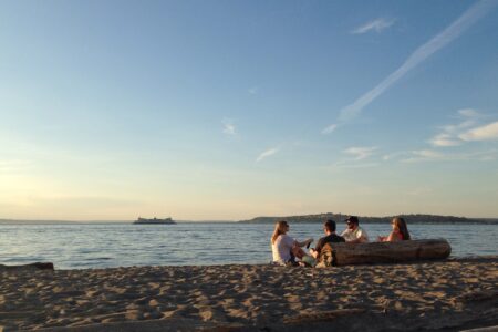 Four people sitting on a log at a sandy beach, enjoying a conversation while overlooking the ocean. A ferry can be seen in the distance, and the sky is clear, indicating a calm and sunny day.