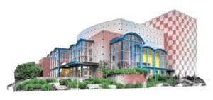 A photo illustration depicting a building with red and white checkers, blue trim, and green landscaping in front.