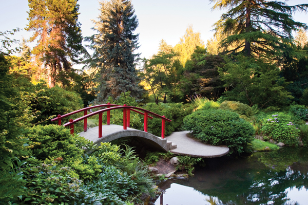 A bright red bridge arches across a pond surrounded by green trees and plants.