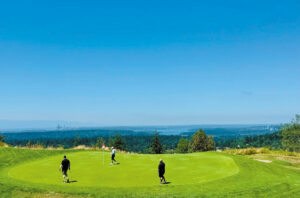 Three people stand on a green golf course under a clear blue sky, with a scenic view of a distant city skyline, forest, and water in the background.