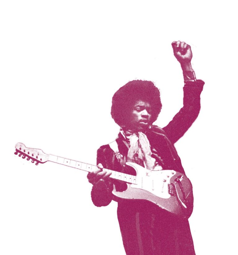 A pink-tinted silhouette of a guitarist with an afro hairstyle, wearing a scarf and raising one arm, holding a guitar. The background is white.