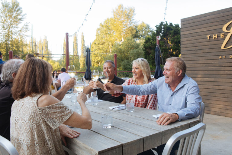 A group of people sitting at an outdoor table clinking glasses in a toast. They are smiling and appear to be enjoying a sunny day. The setting includes trees, and string lights are visible overhead.