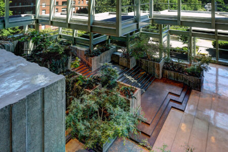 An indoor atrium with large glass windows features lush green plants, tiered wooden planters, and concrete walkways. Natural light floods the modern space, highlighting the greenery and architectural elements.