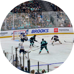 Hockey players in dark and white uniforms compete for the puck near the goal as a crowd watches from the stands in an arena. One goalie is ready by the net, and several advertisements are visible on the boards.