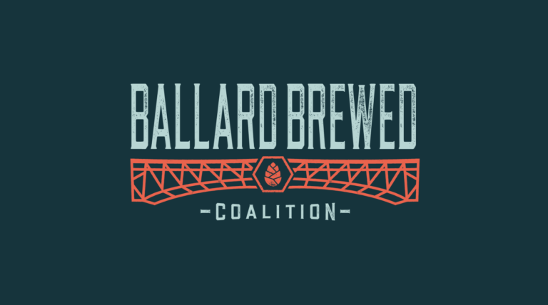 Logo for Ballard Brewed Coalition with bold blue text, a red geometric bridge design and a hop symbol in the center.