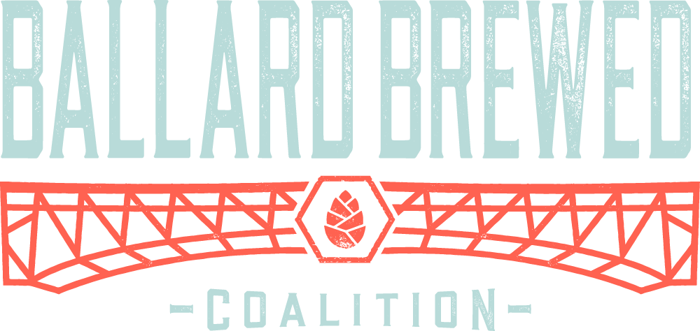 Logo of Ballard Brewed Coalition with stylized text and a red bridge design featuring a hop graphic in the center.