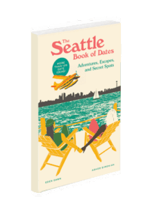 Cover of "The Seattle Book of Dates" by Eden Dawn and Ashod Simonian. Features illustrated people relaxing in chairs by the water, a seaplane flying above, and a city skyline in the background. Includes text about adventures and secret spots.