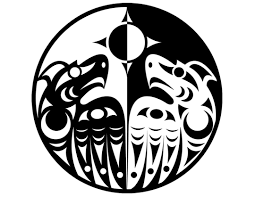 A black and white tribal-style illustration featuring two mirrored bird figures facing each other within a circular frame, with a stylized sun or star shape positioned at the top center.