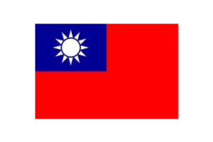 The image shows the flag of Taiwan, featuring a red field with a blue rectangle in the top left corner. Inside the blue rectangle is a white sun with twelve triangular rays.