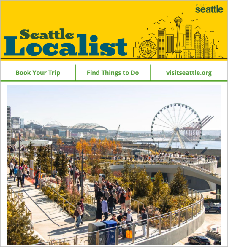 A view of people walking along an elevated pathway with trees and plants, overlooking a cityscape featuring a large Ferris wheel by the waterfront. The top banner has the text "Seattle Localist" and a city skyline illustration.