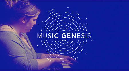 A person playing the piano is shown in a dimly lit setting, with an overlay of concentric circles and the text "Music Genesis" in the center. The overall image has a blue color tone.