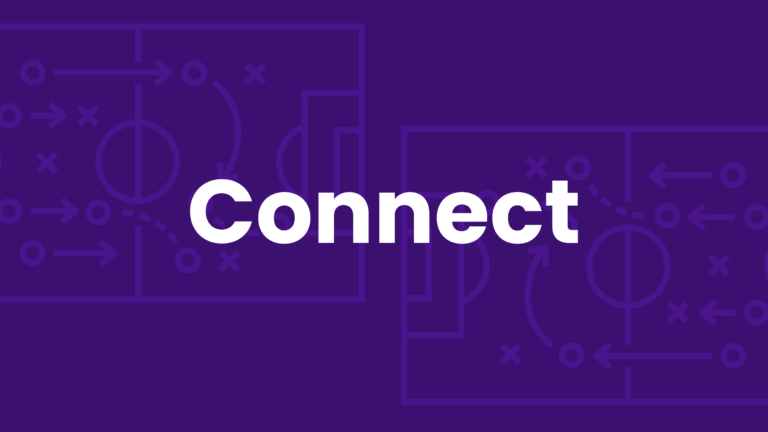 The word "Connect" in bold white text is centered on a purple background, overlaid on faint outlines of soccer strategy diagrams with arrows and X's.