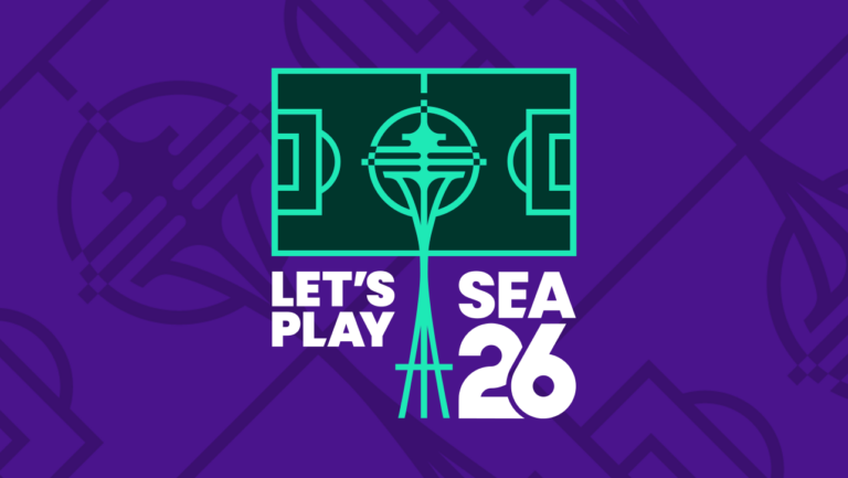 A graphic with a teal soccer field and the Space Needle as the center line, on a purple background. Text reads "LET'S PLAY SEA 26," promoting Seattle as a host city for the 2026 soccer event.