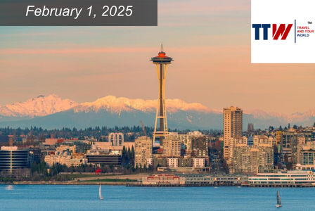 Seattle skyline with the Space Needle at sunset, snow-capped mountains in the background.