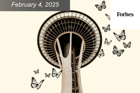 Illustration of the Space Needle with black butterflies surrounding.