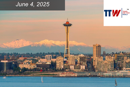 Seattle skyline with the Space Needle in the center, snow-capped mountains in the background, and sailboats on the water.
