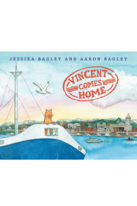 Illustration from "Vincent Comes Home" by Jessixa and Aaron Bagley. Shows a fox sitting on a boat, gazing at seagulls and a distant shoreline lined with colorful buildings under a blue sky.