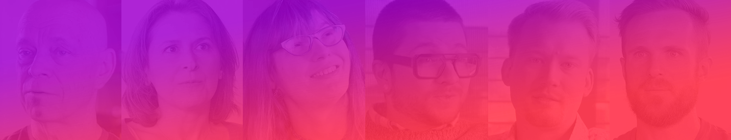 A gradient photo featuring seven people, each with a different facial expression, overlaid with a purple to red color filter. The image highlights diversity in appearances and styles.