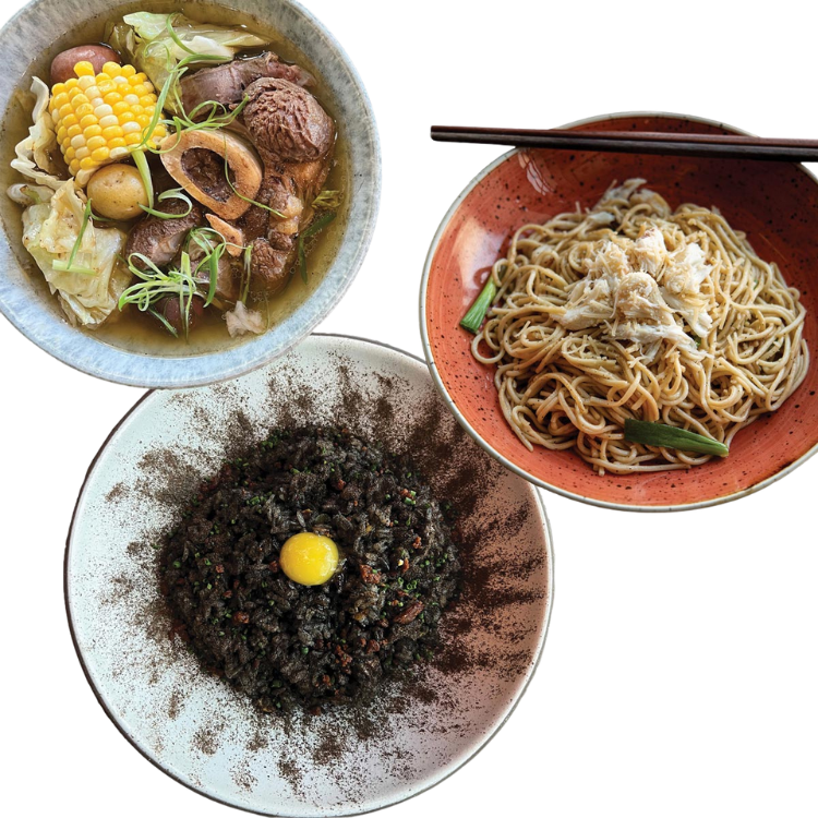 Three dishes on plates: a bowl with beef, corn, cabbage, and broth; a plate of dry noodles topped with shredded crab and green onion; and a plate of minced herbs or greens with a raw egg yolk in the center.
