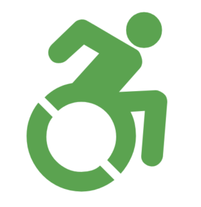 Green icon of a person in a wheelchair, symbolizing accessibility or facilities for individuals with disabilities, on a white background.